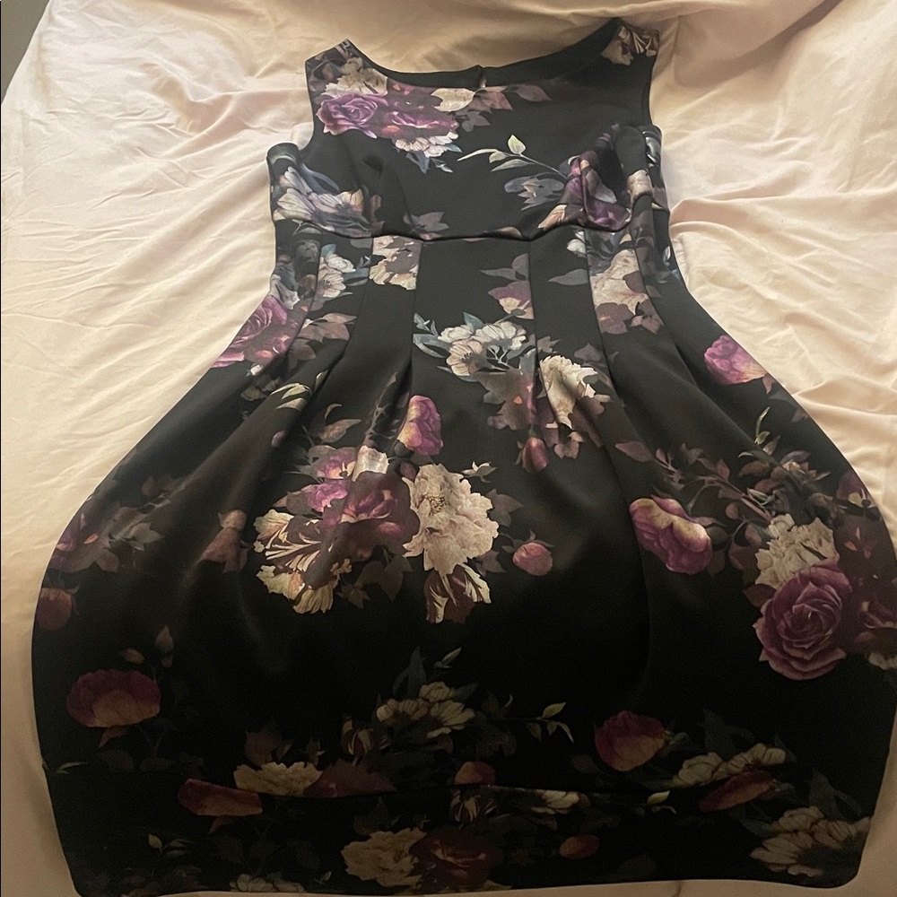 Enfocus Studio Black and Purple Floral Asymmetrical Dress